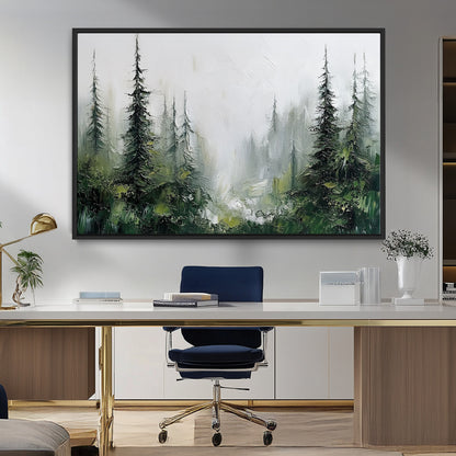 76014-MGV-FC-36X24_Black-Forest Wall Art – Textured Canvas Print Featuring Misty Evergreen Pines and Woodland Landscape, Rustic Nature Artwork for Living