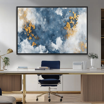 39575-MGV-FC-36X24_Black-Blue and Gold Abstract Wall Art – Modern Canvas Print Featuring Cloudy Textures with Metallic Accents, Contemporary Artwork for