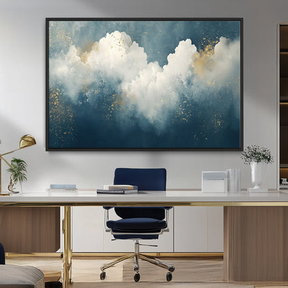 75131-MGV-FC-36X24_Black-Abstract Cloud Wall Art – Modern Canvas Print Featuring Blue and White Clouds with Golden Accents, Contemporary Artwork for Living