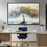 24771-MGV-CV-36X24-Silver Tree Wall Art Canvas Print, Framed Golden Leaves Art Picture Print, Metallic Tree Perfect Minimalist Luxury Decor Artwork