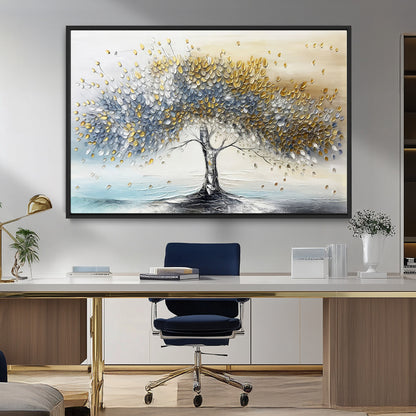 24771-MGV-CV-36X24-Silver Tree Wall Art Canvas Print, Framed Golden Leaves Art Picture Print, Metallic Tree Perfect Minimalist Luxury Decor Artwork