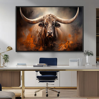 240479-MGV-FC-36X24_Black-Longhorn Bull Wall Art – Dramatic Western Canvas Print Featuring Horned Bull with Fiery Background, Rustic Farmhouse Artwork for