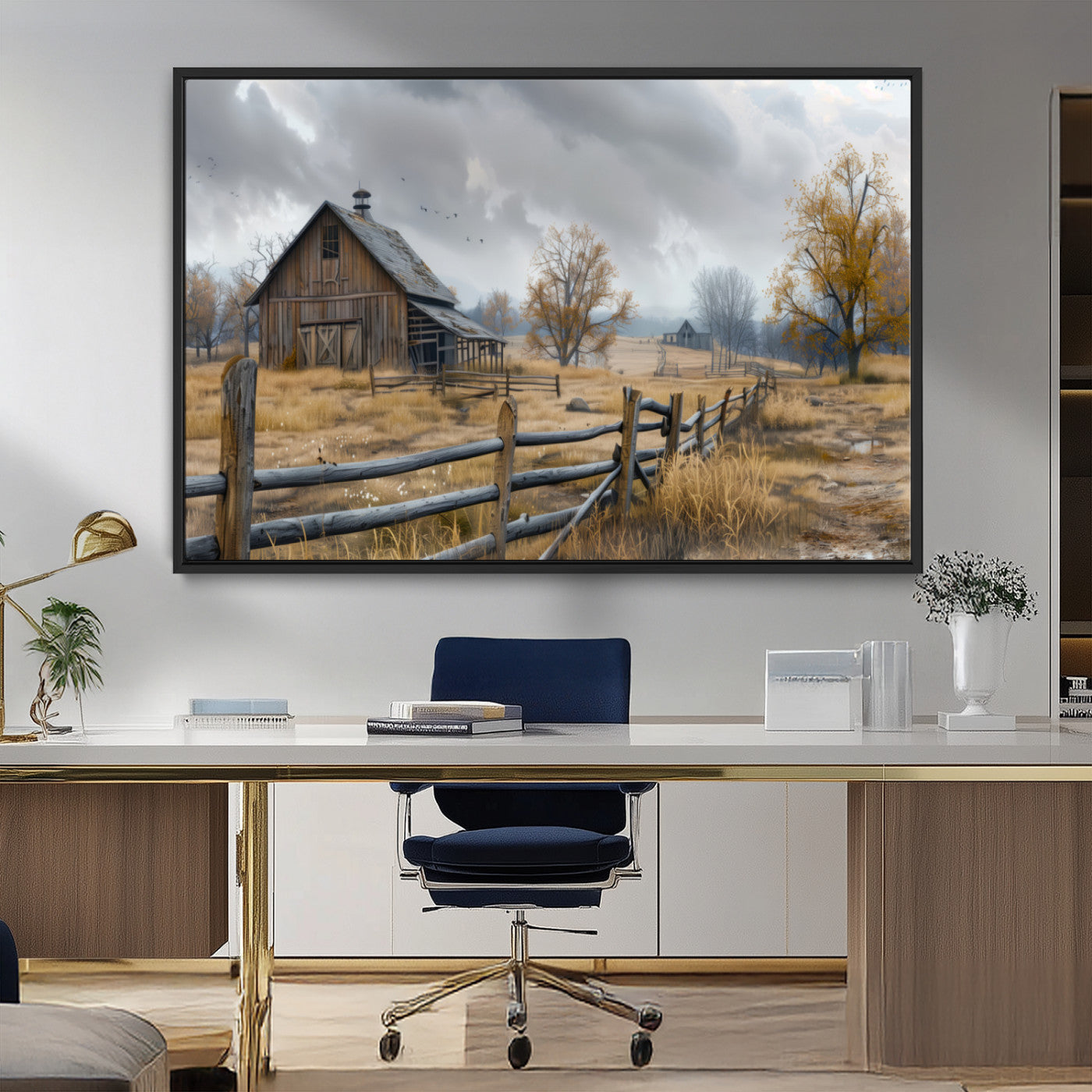 Farm1-MGV-CV-36X24-Rustic Autumn Farmhouse Wall Art – Serene Countryside Scene Canvas Print, Weathered Barn and Autumn Trees Decor for Living Room,