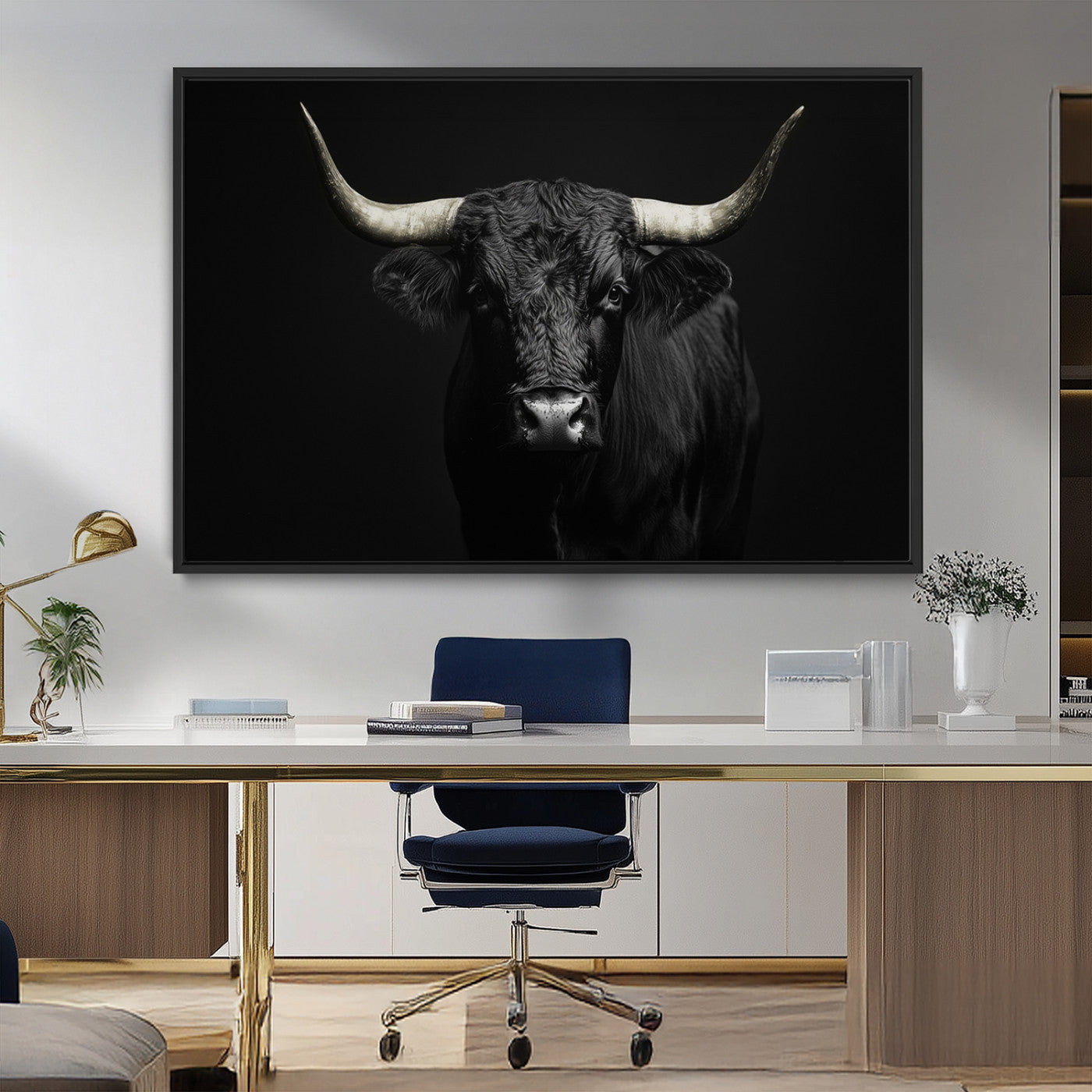 97914921-MGV-FC-36X24_Black-Black Bull Wall Art Canvas Print, Framed Longhorn Bull Art Picture Print, Western Bull Perfect Monochrome Western Decor Artwork