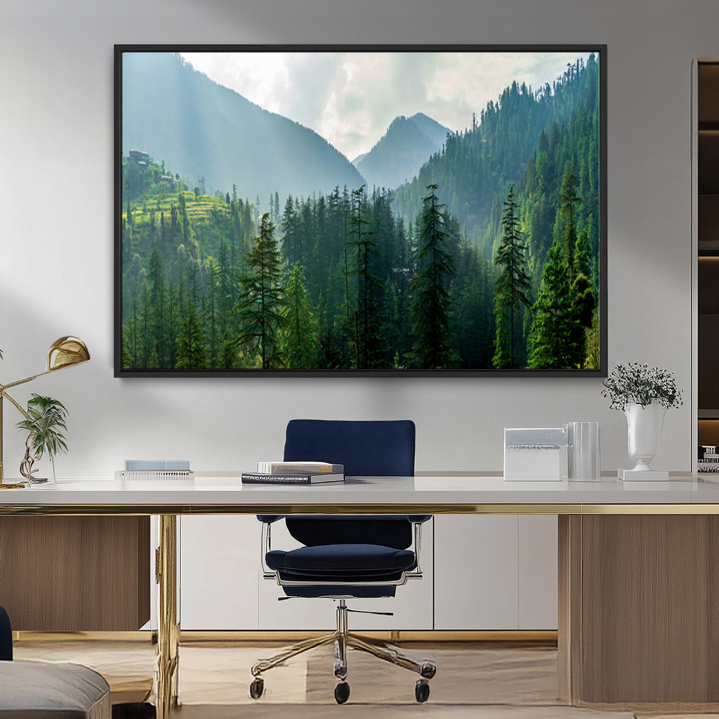 83417191-MGV-CV-36X24-Misty Mountain Forest Wall Art – Pine Tree Landscape Canvas Print, Nature Photography Panorama, Tranquil Green Forest Décor for