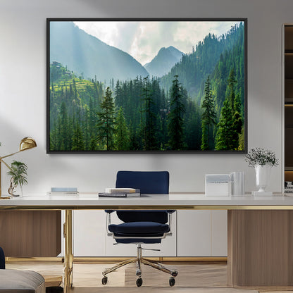 83417191-MGV-CV-36X24-Misty Mountain Forest Wall Art – Pine Tree Landscape Canvas Print, Nature Photography Panorama, Tranquil Green Forest Décor for