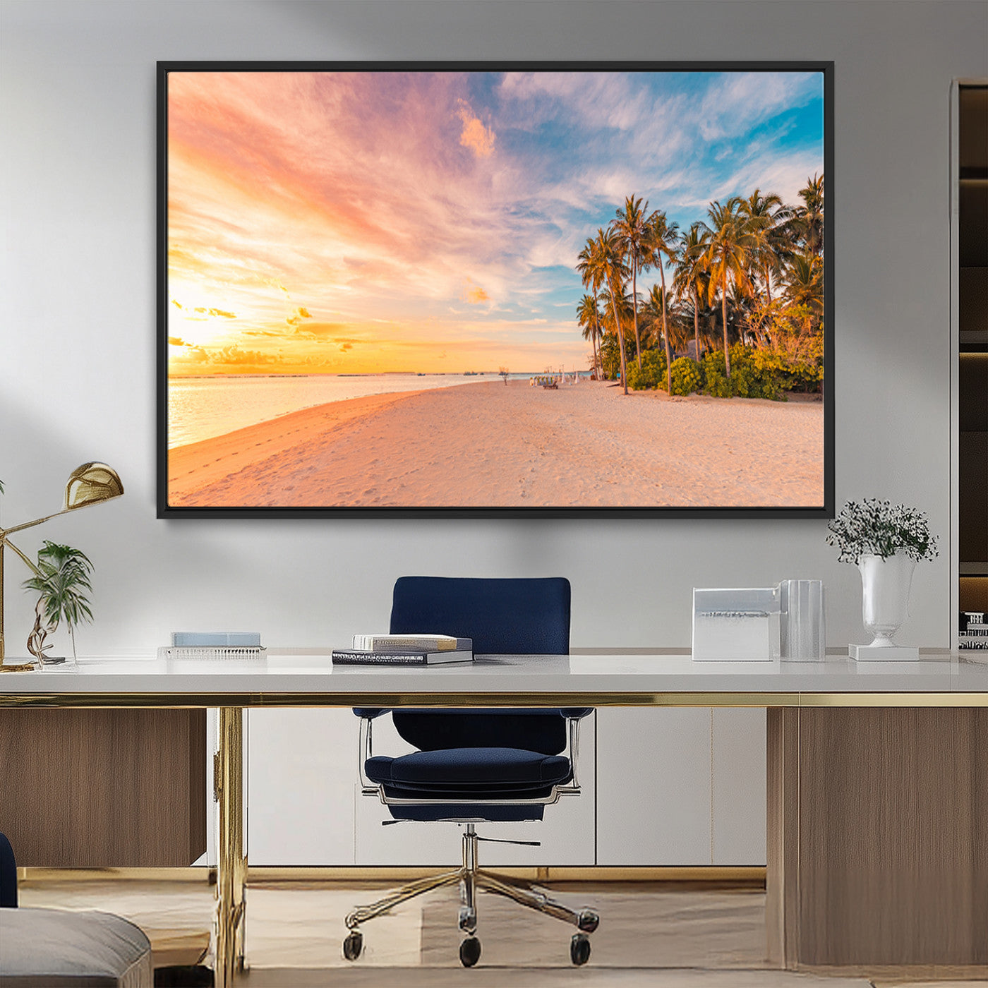 41542880-MGV-FC-36X24_Black-Tropical Beach Wall Art Canvas Print, Framed Palm Trees Art Picture Print, Sunset Shore Perfect Tropical Coastal Decor Artwork