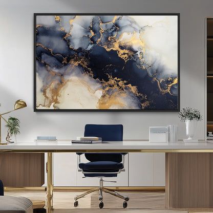 41136487-MGV-CV-36X24-Black Marble Wall Art Canvas Print, Framed Gold Veins Art Picture Print, Abstract Texture Perfect Moody Luxe Decor Artwork