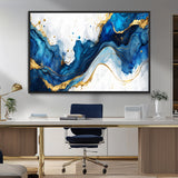 33506371-MGV-FC-36X24_Black-Blue Marble Wall Art Canvas Print, Framed Gold Splash Art Picture Print, Abstract Wave Perfect Modern Luxe Decor Artwork