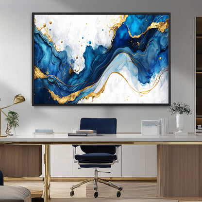 33506371-MGV-FC-36X24_Black-Blue Marble Wall Art Canvas Print, Framed Gold Splash Art Picture Print, Abstract Wave Perfect Modern Luxe Decor Artwork