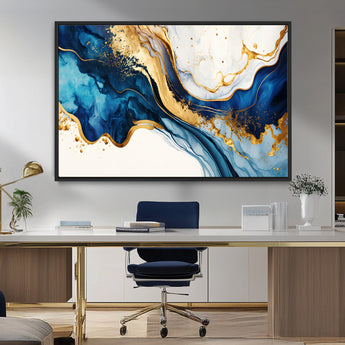60283636-MGV-FC-36X24_Black-Blue Gold Flow Wall Art Canvas Print, Framed Marble Texture Art Picture Print, Elegant Splash Perfect Elegant Abstract Decor
