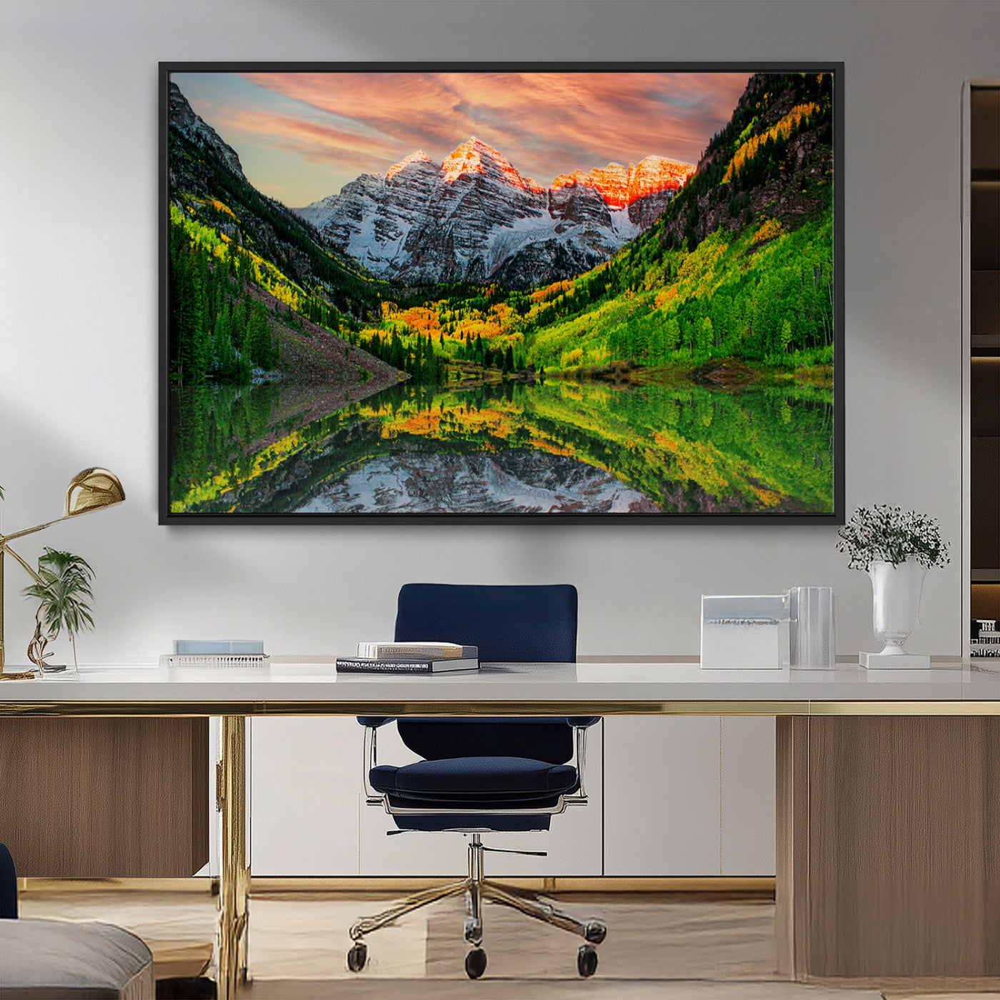 59533484-MGV-FC-36X24_Black-Maroon Bells Autumn Wall Art – Panoramic Mountain Landscape Canvas Print, Sunset Reflection Nature Artwork for Living Room, Office