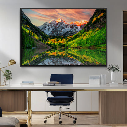 59533484-MGV-FC-36X24_Black-Maroon Bells Autumn Wall Art – Panoramic Mountain Landscape Canvas Print, Sunset Reflection Nature Artwork for Living Room, Office