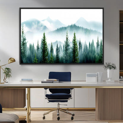 16716676-MGV-CV-36X24-Pine Forest Wall Art Canvas Print, Framed Misty Mountains Art Picture Print, Foggy Trees Perfect Moody Forest Decor Artwork