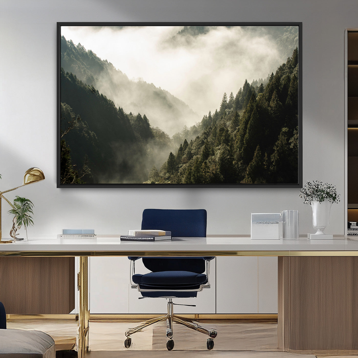 57570237-MGV-FC-36X24_Black-Misty Valley Wall Art Canvas Print, Framed Foggy Forest Art Picture Print, Pine Trees Perfect Moody Woodland Decor Artwork