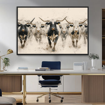 61538944-MGV-FC-36X24_Black-Texas Longhorn Wall Art Canvas Print, Framed Cattles Walking Art Picture Print, Black White Bulls Perfect Rustic Western Decor