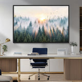 92718976-MGV-FC-36X24_Black-Misty Forest Wall Art Canvas Print, Framed Sunrise Pines Art Picture Print, Foggy Woodland Perfect Moody Woodland Decor Artwork