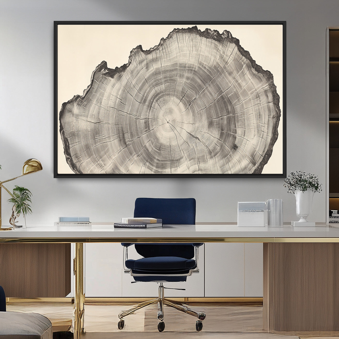98921313-MGV-CV-36X24-Tree Ring Wall Art Canvas Print, Framed Wood Slice Art Picture Print, Minimalist Wood Perfect Rustic Academic Decor Artwork