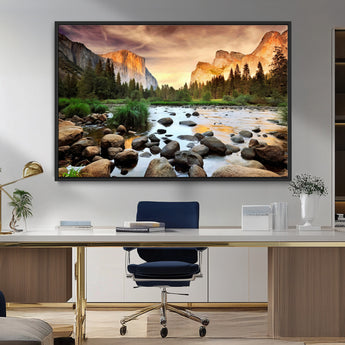 90956031-MGV-FC-36X24_Black-Yosemite Valley Wall Art – Scenic Mountain River Landscape Canvas Print, Nature Photography for Living Room, Bedroom, Cabin,
