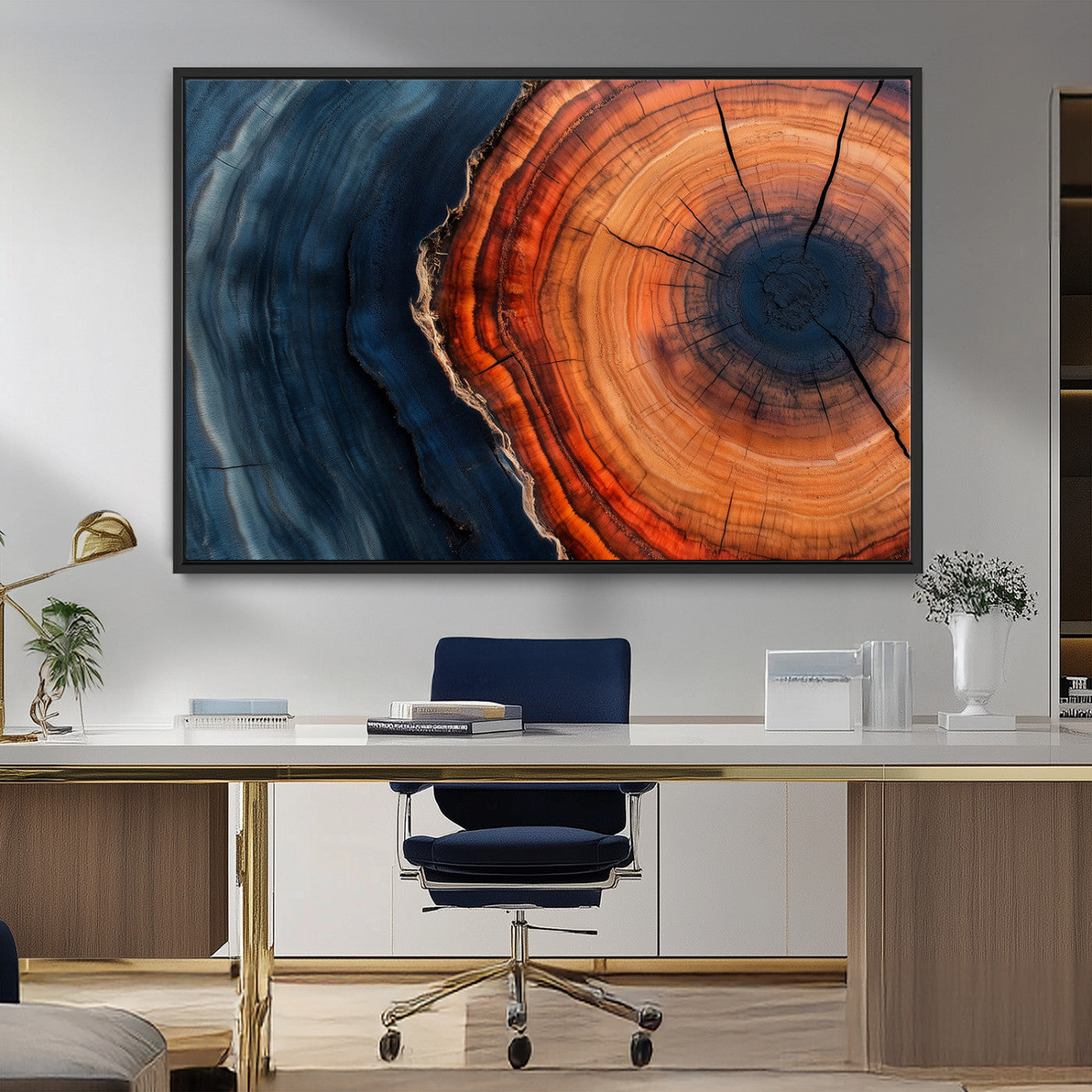 57732250-MGV-FC-36X24_Black-Tree Ring Abstract Wall Art – Blue Orange Wood Grain Canvas Print, Modern Rustic Nature Artwork for Living Room, Office,