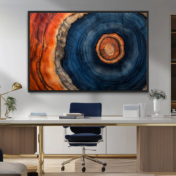 72209152-MGV-CV-36X24-Abstract Tree Ring Wall Art – Vibrant Blue Orange Wood Grain Canvas Print, Rustic Modern Nature Artwork for Living Room, Office,