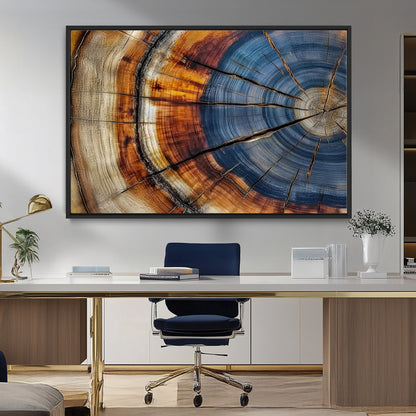 18032999-MGV-CV-36X24-Tree Ring Wall Art – Blue Brown Abstract Wood Slice Canvas Print, Rustic Modern Nature Decor for Living Room, Office, Bedroom or