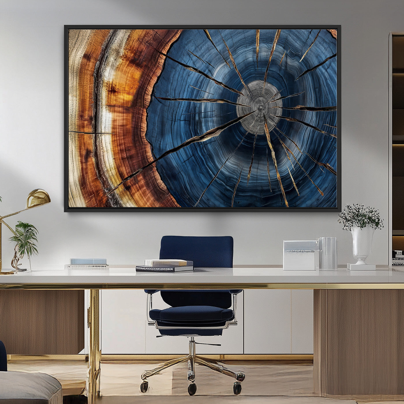45268471-MGV-FC-36X24_Black-Blue Tree Ring Wall Art – Rustic Wood Cross Section Canvas Print, Modern Abstract Nature Decor for Living Room, Office, or Cabin