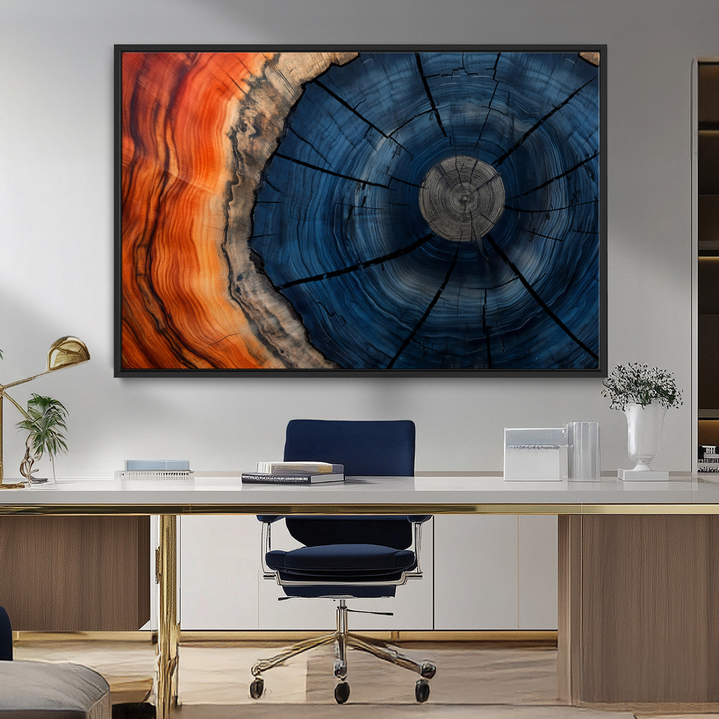 26110607-MGV-FC-36X24_Black-Blue and Orange Tree Ring Wall Art – Abstract Wood Cross Section Canvas Print, Modern Rustic Nature Decor for Living Room, Office,