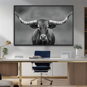81228550-MGV-FC-36X24_Black-Framed Texas Longhorn Bull Art Canvas Print, Western Bull Wall Art Print, Long Horn Bull Photo Print for Log Cabin, Large Bull