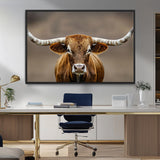 12179171-MGV-CV-36X24-Texas Longhorn Wall Art Canvas Print, Framed Brown Bull Art Picture Print, Lone Cattle Perfect Rustic Western Decor Artwork
