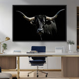 37531960-MGV-CV-36X24-Black Longhorn Bull Wall Art – Dramatic Western Cattle Canvas Print, Rustic Farmhouse Animal Artwork for Living Room, Bedroom,