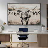 27497342-MGV-CV-36X24-Texas Longhorn Wall Art Canvas Print, Framed Speckled Cow Art Picture Print, Horned Cattle Perfect Rustic Western Decor Artwork