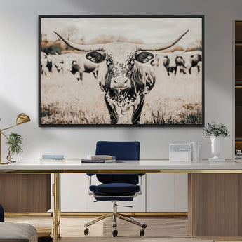 27497342-MGV-CV-36X24-Texas Longhorn Wall Art Canvas Print, Framed Speckled Cow Art Picture Print, Horned Cattle Perfect Rustic Western Decor Artwork