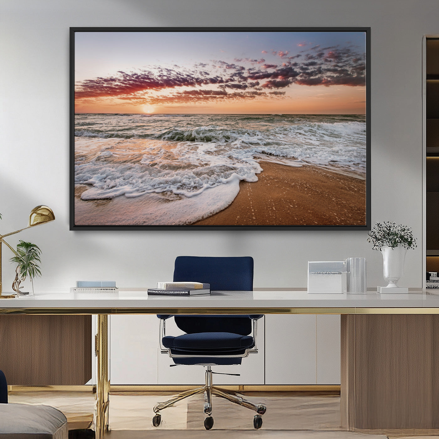 39846389-MGV-FC-36X24_Black-Ocean Sunset Wall Art Canvas Print, Framed Sandy Shore Art Picture Print, Gentle Waves Perfect Minimalist Coastal Decor Artwork