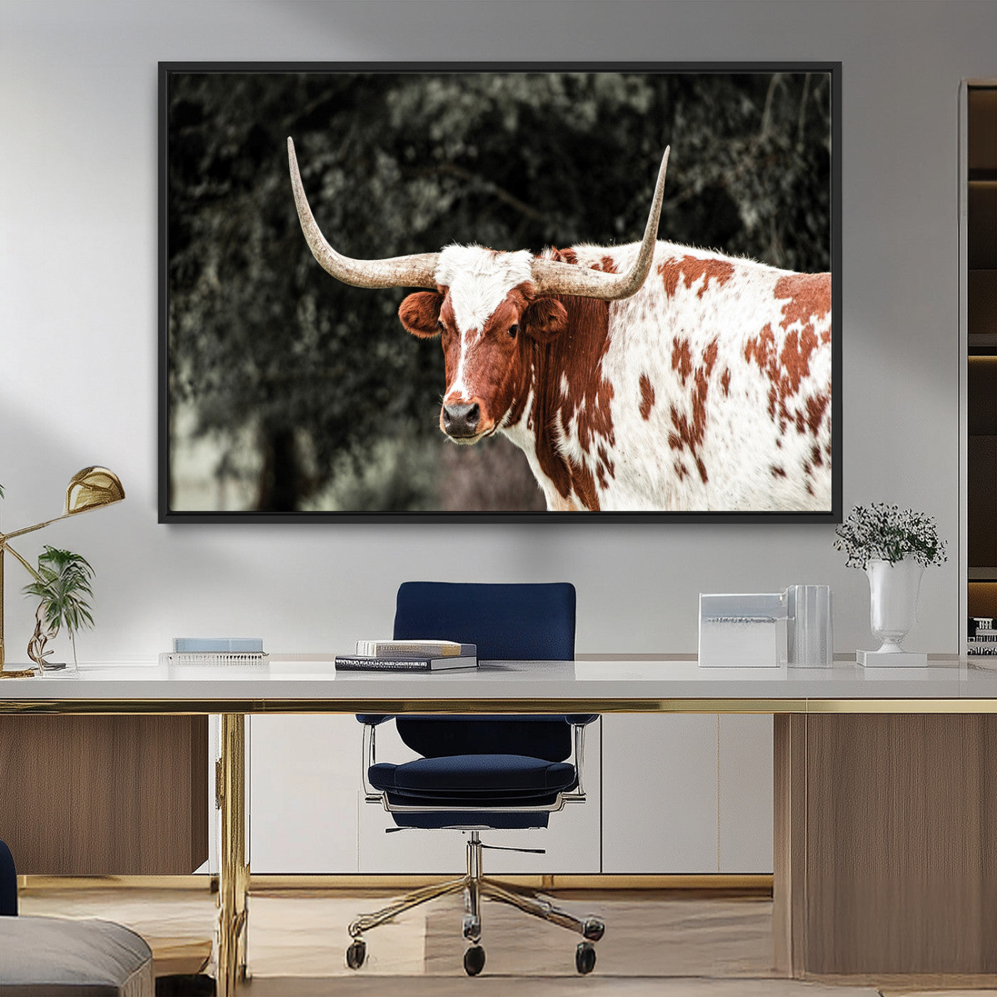 54027638-MGV-CV-36X24-Texas Longhorn Wall Art Canvas Print, Framed Spotted Cow Art Picture Print, Horned Bull Perfect Rustic Western Decor Artwork