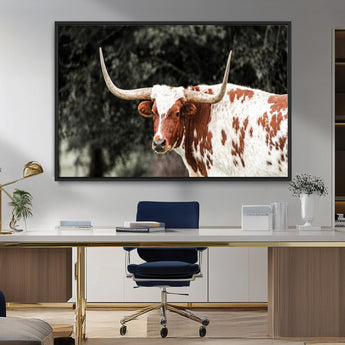 54027638-MGV-CV-36X24-Texas Longhorn Wall Art Canvas Print, Framed Spotted Cow Art Picture Print, Horned Bull Perfect Rustic Western Decor Artwork