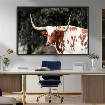 54027638-MGV-CV-36X24-Texas Longhorn Wall Art Canvas Print, Framed Spotted Cow Art Picture Print, Horned Bull Perfect Rustic Western Decor Artwork