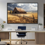 38758826-MGV-FC-36X24_Black-Rustic Barn Wall Art Canvas Print, Framed Moody Barn Art Picture Print, Golden Field Perfect Rustic Farmhouse Decor Artwork