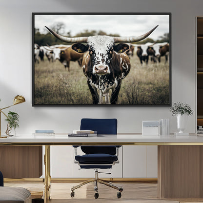 79025945-MGV-FC-36X24_Black-Texas Longhorn Wall Art Canvas Print, Framed Speckled Cow Art Picture Print, Horned Cattle Perfect Rustic Western Decor Artwork