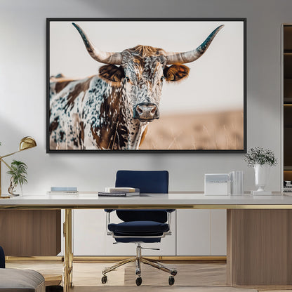 70414966-MGV-FC-36X24_Black-Texas Longhorn Wall Art Canvas Print, Framed Speckled Cow Art Picture Print, Horned Bull Perfect Rustic Western Decor Artwork
