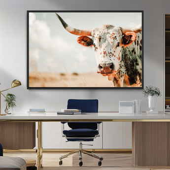 72766375-MGV-CV-36X24-Texas Longhorn Wall Art Canvas Print, Framed Spotted Cow Art Picture Print, Horned Cattle Perfect Rustic Western Decor Artwork