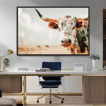 72766375-MGV-CV-36X24-Texas Longhorn Wall Art Canvas Print, Framed Spotted Cow Art Picture Print, Horned Cattle Perfect Rustic Western Decor Artwork
