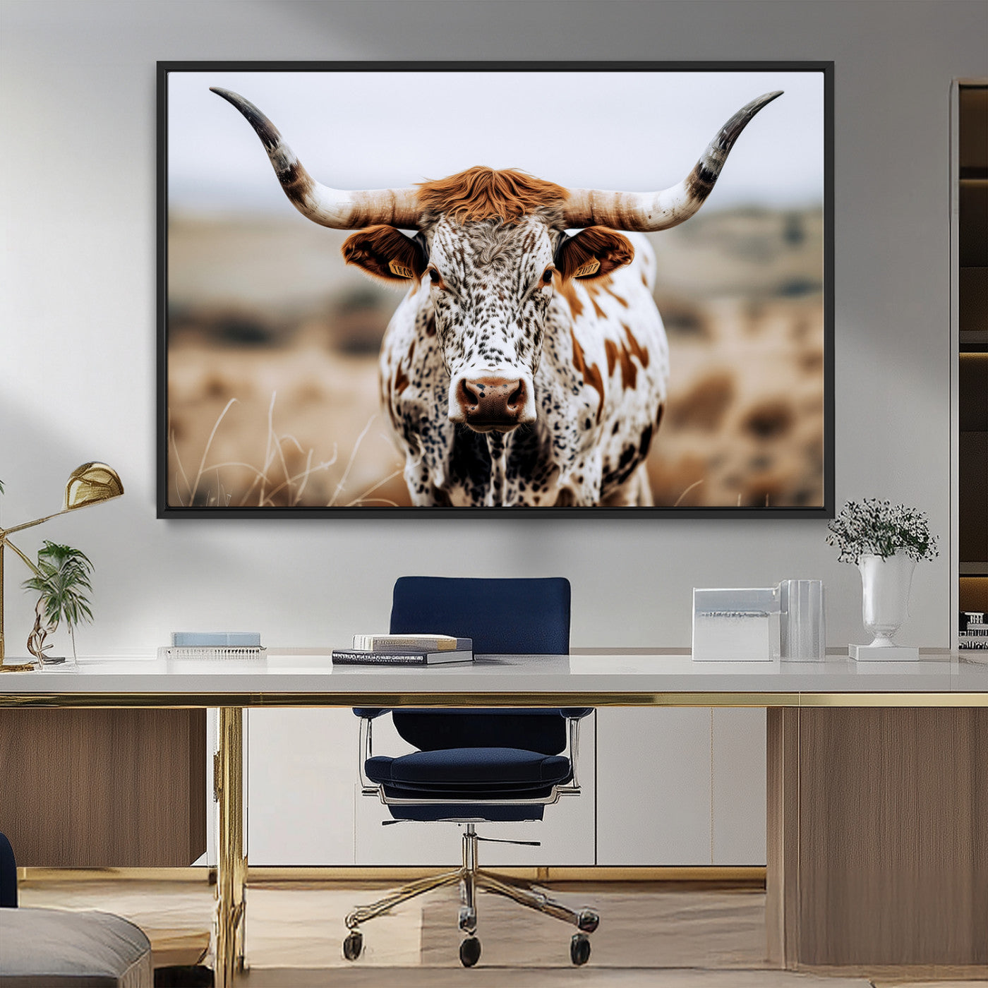 76294381-MGV-FC-36X24_Black-Texas Longhorn Wall Art Canvas Print, Framed Spotted Cow Art Picture Print, Horned Cattle Perfect Rustic Western Decor Artwork
