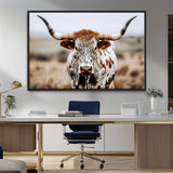 76294381-MGV-FC-36X24_Black-Texas Longhorn Wall Art Canvas Print, Framed Spotted Cow Art Picture Print, Horned Cattle Perfect Rustic Western Decor Artwork