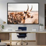 11528295-MGV-FC-36X24_Black-Speckled Longhorn Wall Art Canvas Print, Framed Texas Cattle Art Picture Print, Horned Cow Perfect Rustic Western Decor Artwork