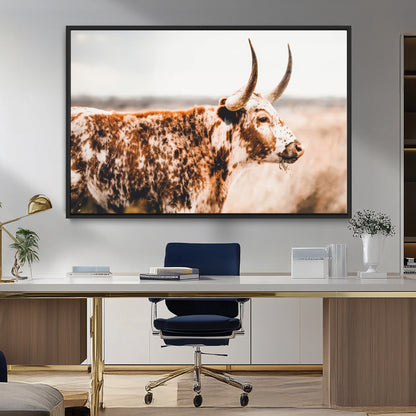 11528295-MGV-FC-36X24_Black-Speckled Longhorn Wall Art Canvas Print, Framed Texas Cattle Art Picture Print, Horned Cow Perfect Rustic Western Decor Artwork