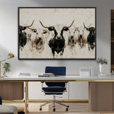 12027562-MGV-FC-36X24_Black-Longhorn Cattle Wall Art Canvas Print, Framed Bison Herd Art Picture Print, Cattle Group Perfect Rustic Farmhouse Decor Artwork