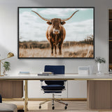 39350715-MGV-CV-36X24-Texas Longhorn Wall Art Canvas Print, Framed Longhorn Cow Art Picture Print, Western Cattle Perfect Rustic Western Decor Artwork