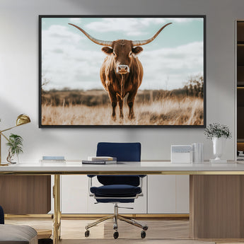 39350715-MGV-CV-36X24-Texas Longhorn Wall Art Canvas Print, Framed Longhorn Cow Art Picture Print, Western Cattle Perfect Rustic Western Decor Artwork