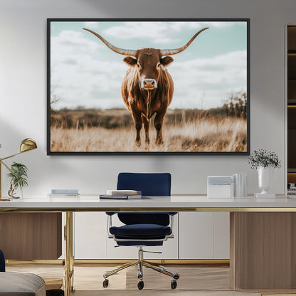 39350715-MGV-CV-36X24-Texas Longhorn Wall Art Canvas Print, Framed Longhorn Cow Art Picture Print, Western Cattle Perfect Rustic Western Decor Artwork